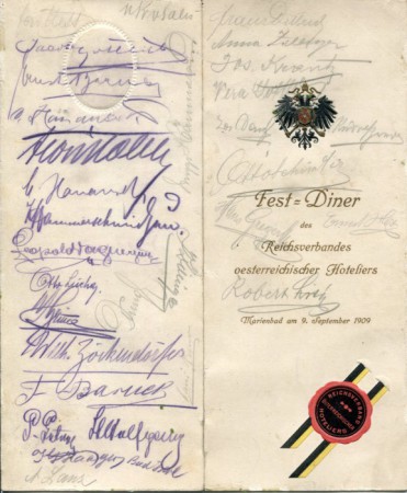 Fest Dinner des Verbandes der Österr. Hoteliers 1909 mit den Unterschriften der Hoteliers